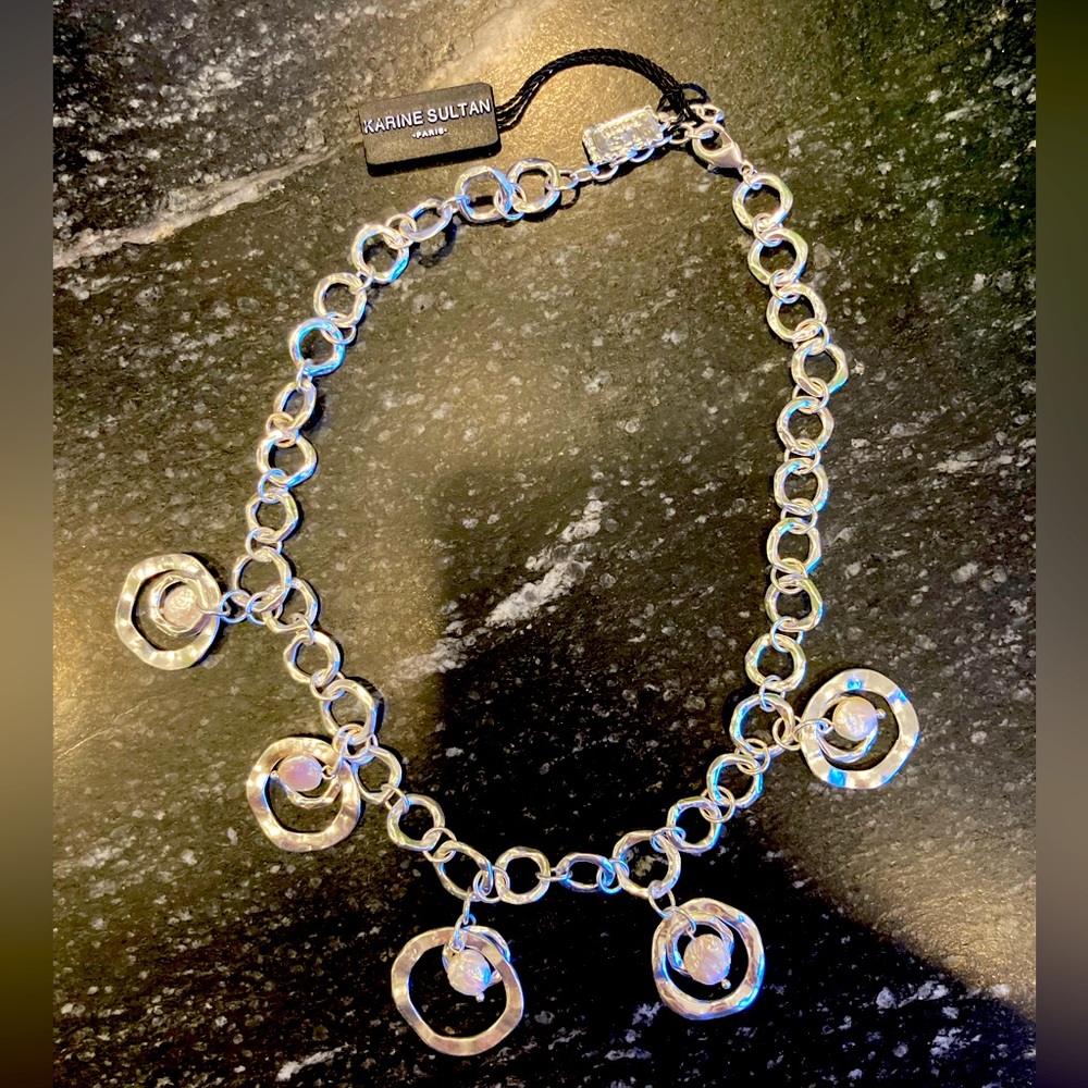 Karine Sultan Paris Necklace Silvertone w/Dangling Coin Pearl Circles 18” & 19”